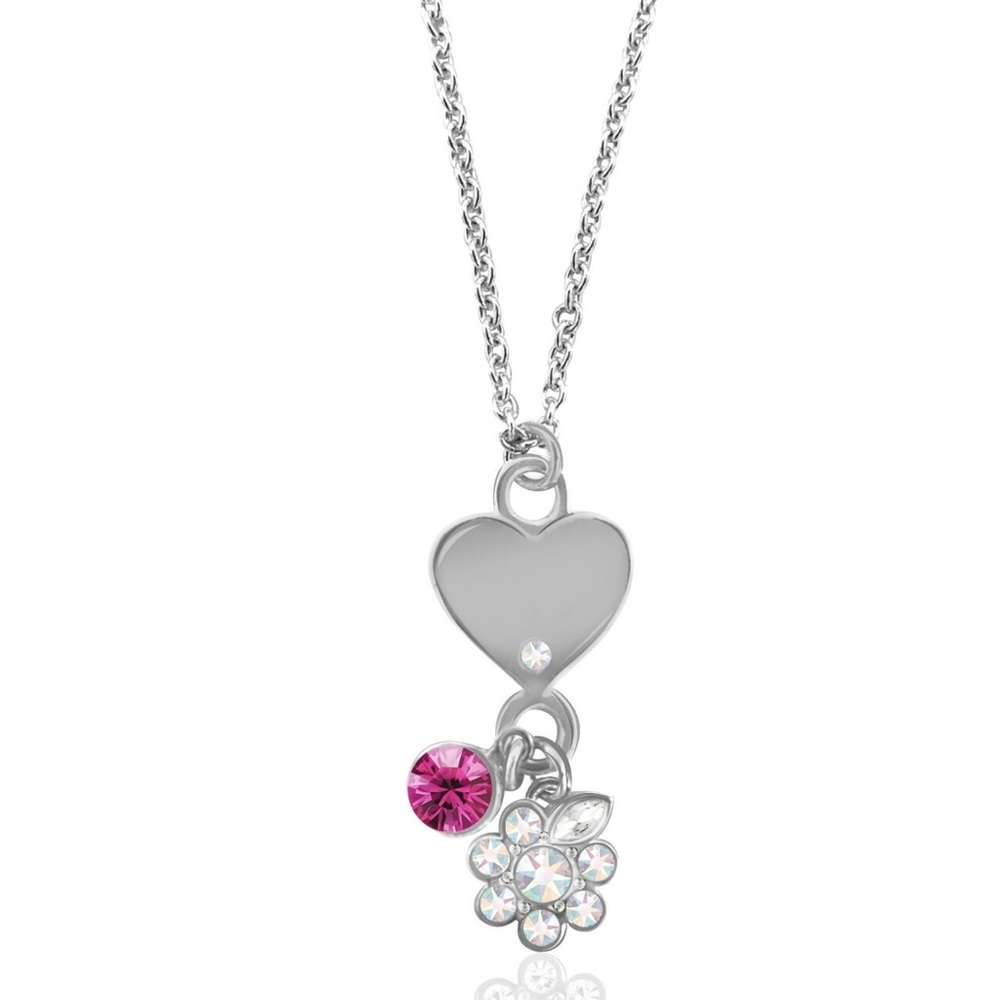 Swarovski Crystals Heart Flower Charm Pendant Necklace Sterling Silver